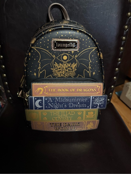 Loungefly Handbags - Loungefly Black & Gold 'Book Stack' Mini Backpack with Multicolor Book Appliques